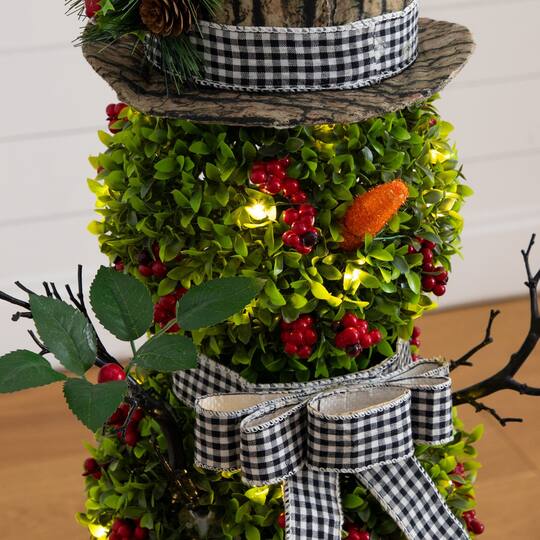 Nearly Natural 3.5ft. Pre-Lit Artificial Christmas Boxwood Snowman Topiary Tree in Decorative Planter